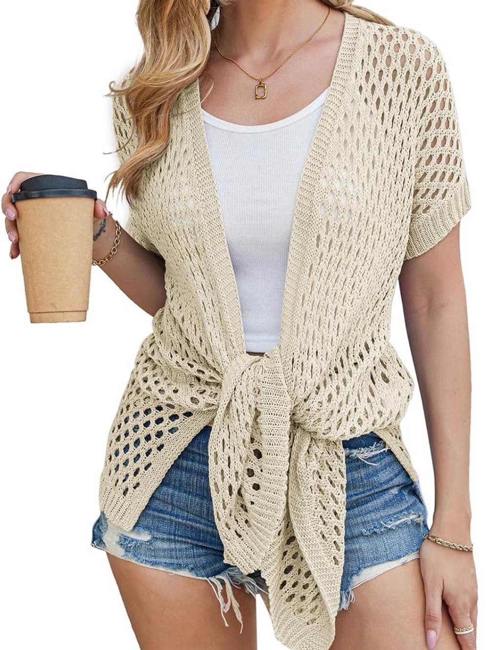 Grace Karin Open Knit Tie-Front Tunic Cardigan - Beige